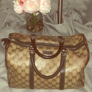 Gucci Beige/Ebony Brown GG Crystal Boston Bag